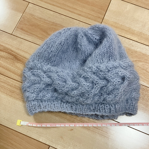 ケーブル編み模様のニット帽 モヘア エメラルドグリーン ニット帽