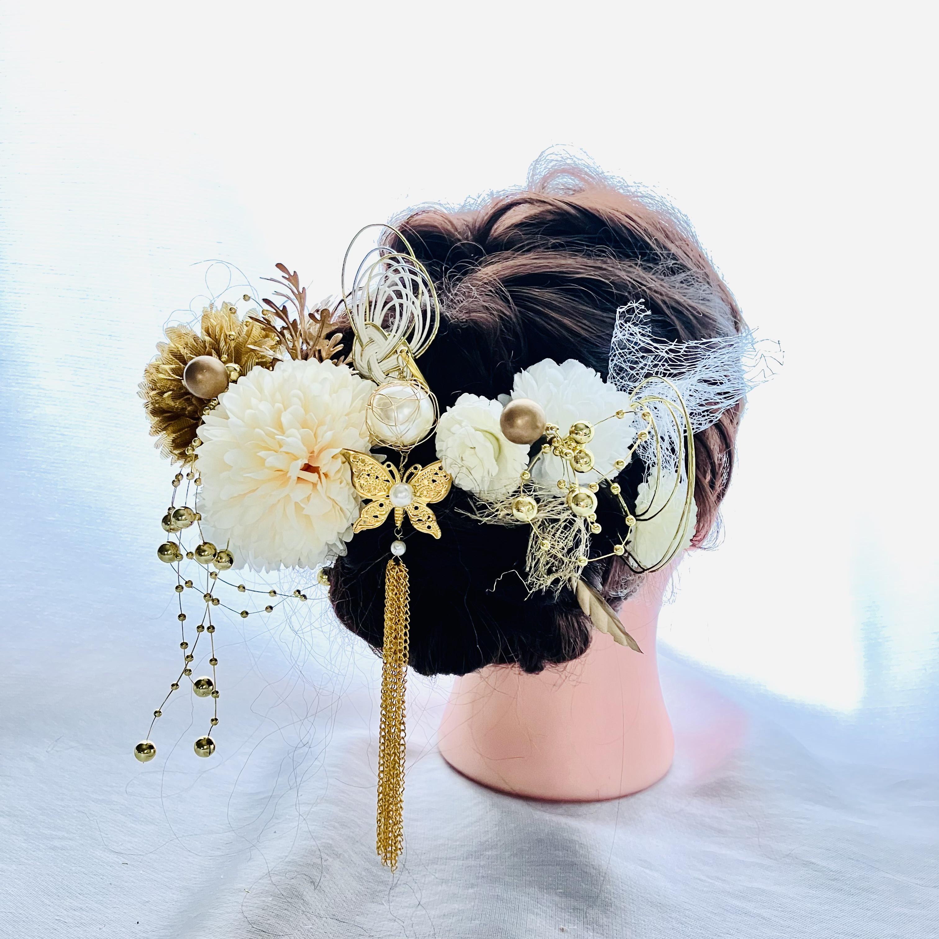 揺れるパール簪【卒業式髪飾り】【結婚式髪飾り】【成人式髪飾り】【ウェディング】簪　水引　金箔　振袖　袴　チュール　成人式