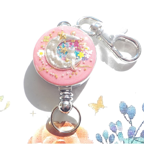 再販】レジンアクセサリー レジンキーホルダー お月見猫 リール