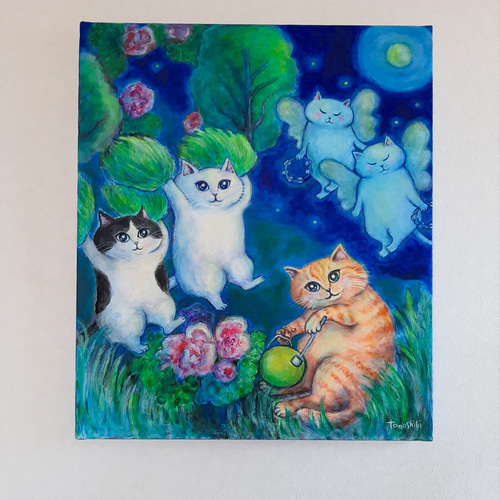 絵画。原画【かわいい猫が追随者の月と花の海を旅する】 絵画。原画【かわいい猫が追随者の月と花の海を旅する】 絵画