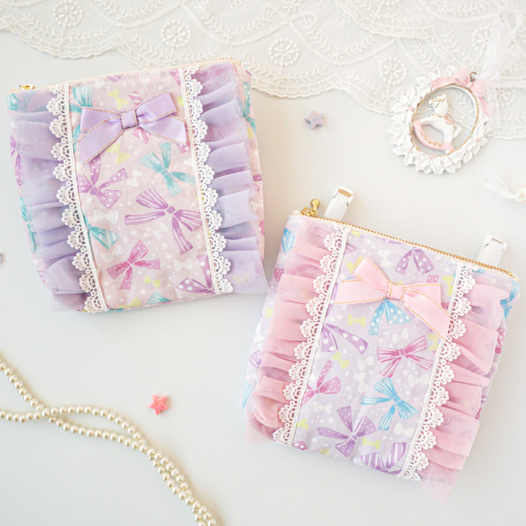 ハンドメイド　フリル　ファスナーポーチ　移動ポケット 特集掲載＊フリルの移動ポケット（ファスナー・マチあり）♡リボン柄