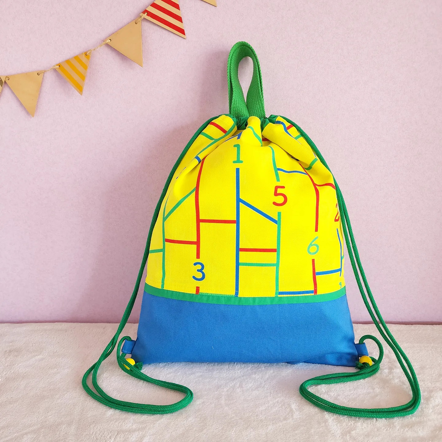 帆布のビタミンカラーなナップサック あみだくじ風【サイズ変更等可能】