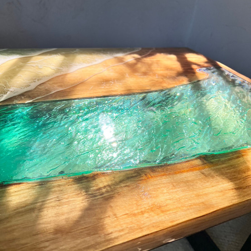 木製テーブル エポキシテーブル 波紋 砂紋 ブルー 波 西海岸 メープル