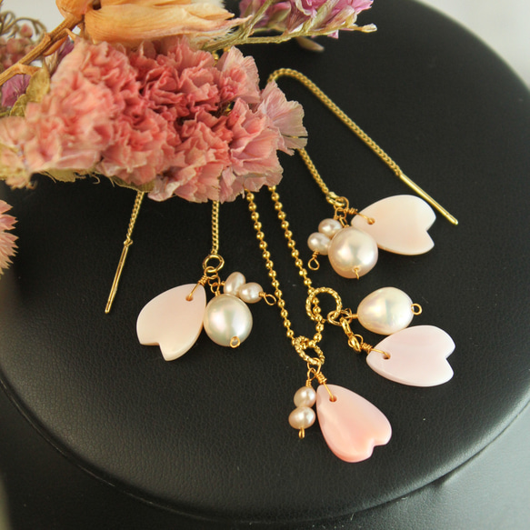 【福袋】高品質 淡水パール 桜 花びら ネックレス・耳飾り 2枚目の画像
