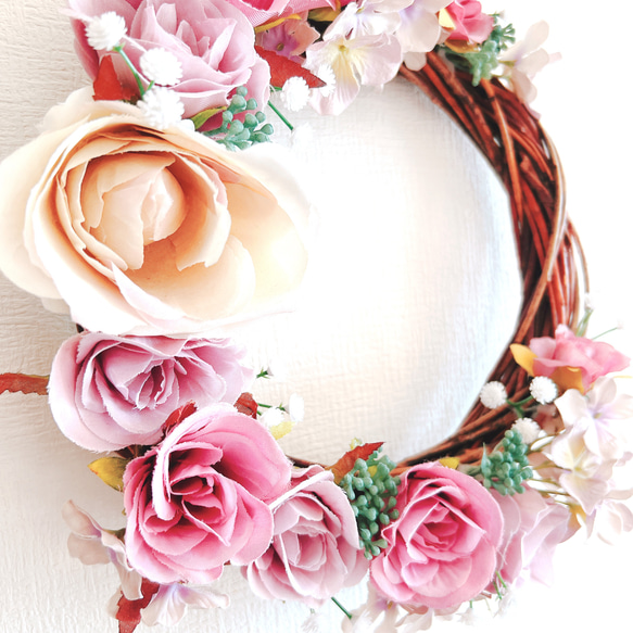 【春を感じて】くすみピンクローズと桜小花のリース　Lサイズ　ナチュラル　大人可愛い　アーティフィシャルフラワー 4枚目の画像