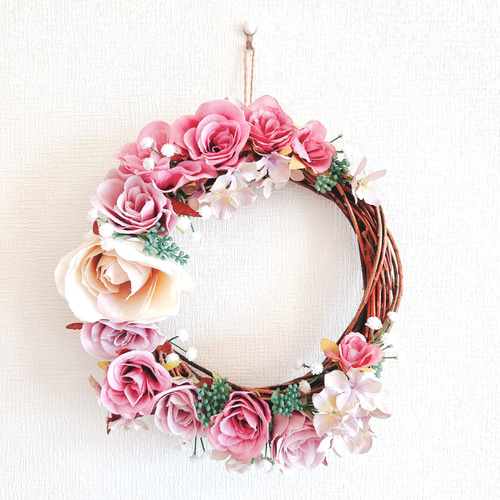 春を感じて】くすみピンクローズと桜小花のリース Lサイズ ナチュラル
