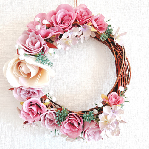 ピンクパープルのフラワーリース　　くすみアンティークピンク Original - ピンクパープルのフラワーリース アンティーク調の通販 by