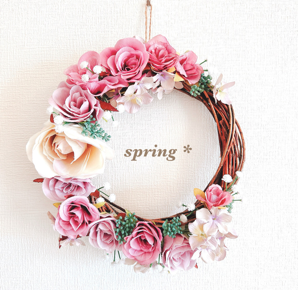 【春を感じて】くすみピンクローズと桜小花のリース　Lサイズ　ナチュラル　大人可愛い　アーティフィシャルフラワー 1枚目の画像