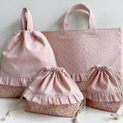【即納可能】★単品販売★ ピンクのお花とピンチェックのレッスンバッグ・シューズケース・巾着 4枚目の画像