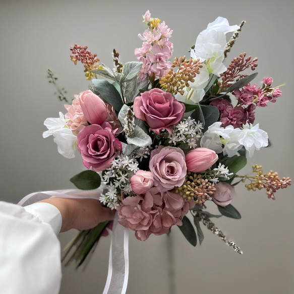 アーティシャルフラワー ブーケ&ブートニア　くすみピンク系　韓国風　結婚式 クラッチブーケM くすみピンク1101 アーティシャルフラワー