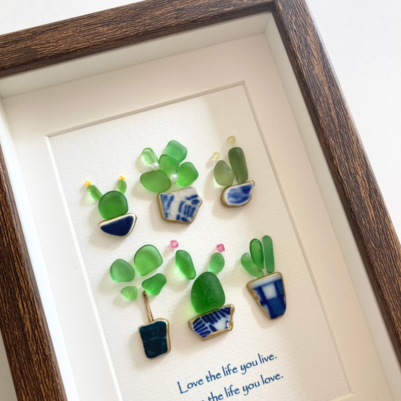 ちいさな観葉植物・シーグラスアート 置物壁かけ サボテンインテリア小物雑貨誕生日プレゼント記念品お祝いシーガラスシー陶器 1枚目の画像
