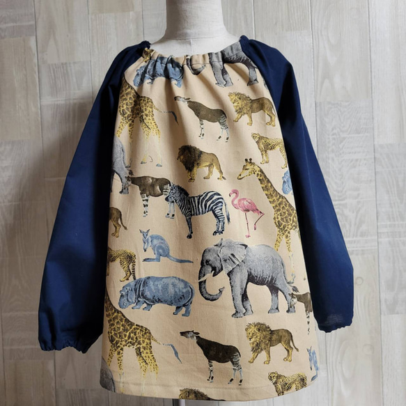 80～150size アニマル サファリ 長袖スモック ポケット 子供服 menma  