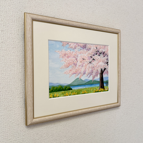 湖畔の桜」透明水彩画 原画 風景画 額縁付 SMサイズ 絵画 Oni 通販