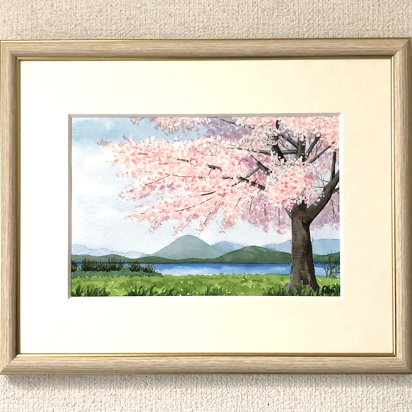 湖畔のサクラ」透明水彩画 原画 風景画 額縁付 SMサイズ 絵画 湖畔のサクラ」透明水彩画 原画 風景画 額縁付 SMサイズ 絵画
