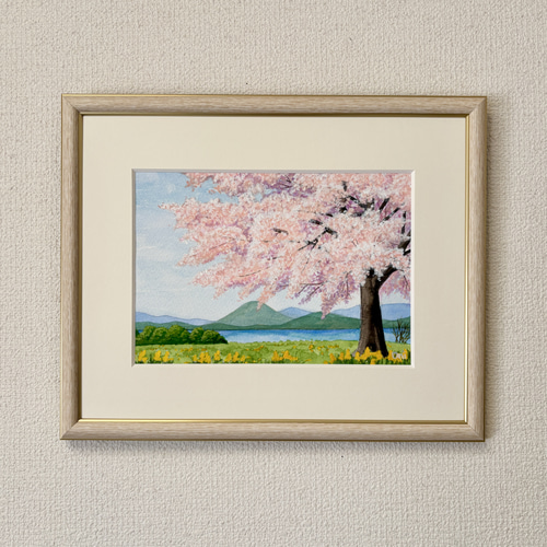 湖畔の桜」透明水彩画 原画 風景画 額縁付 SMサイズ 絵画 Oni 通販