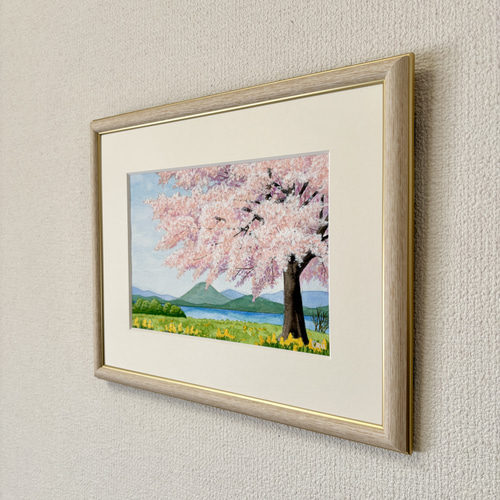 湖畔の桜」透明水彩画 原画 風景画 額縁付 SMサイズ 絵画 Oni 通販