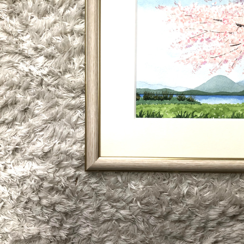 湖畔のサクラ」透明水彩画 原画 風景画 額縁付 SMサイズ 絵画 湖畔のサクラ」透明水彩画 原画 風景画 額縁付 SMサイズ 絵画