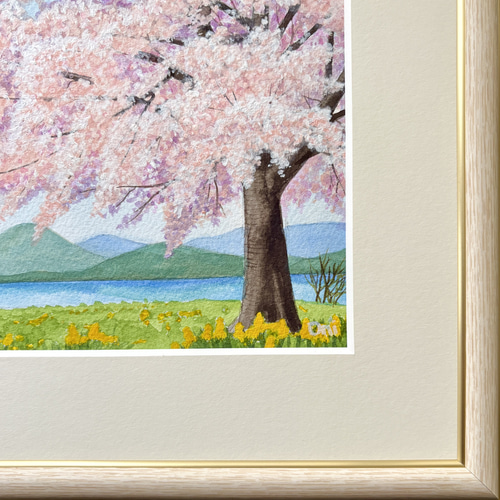 湖畔の桜」透明水彩画 原画 風景画 額縁付 SMサイズ 絵画 Oni 通販
