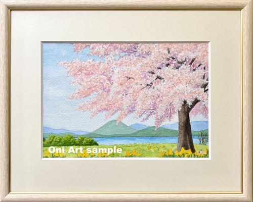 透明水彩原画A 4サイズ 湖畔の桜」透明水彩画 原画 風景画 額縁付 SMサイズ 絵画 Oni 通販