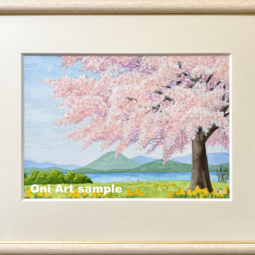 湖畔の桜」透明水彩画 原画 風景画 額縁付 SMサイズ 絵画 Oni 通販
