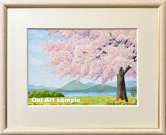 湖畔の桜」透明水彩画 原画 風景画 額縁付 SMサイズ 絵画 Oni 通販