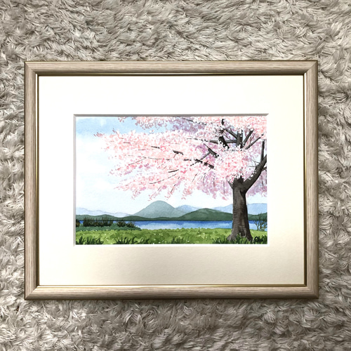 湖畔のサクラ」透明水彩画 原画 風景画 額縁付 SMサイズ 絵画 湖畔のサクラ」透明水彩画 原画 風景画 額縁付 SMサイズ 絵画