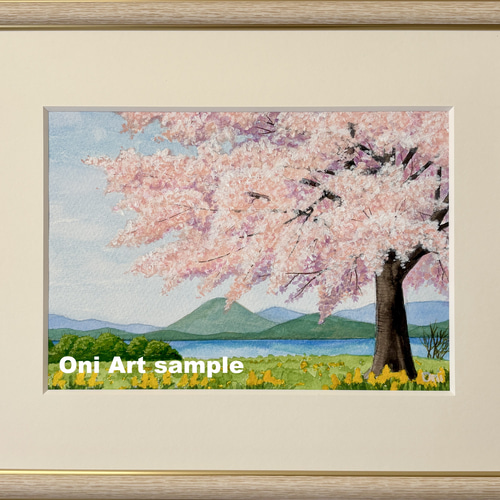 湖畔の桜」透明水彩画 原画 風景画 額縁付 SMサイズ 絵画 Oni 通販