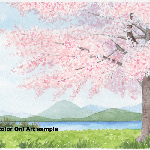 湖畔のサクラ」透明水彩画 原画 風景画 額縁付 SMサイズ 絵画 湖畔のサクラ」透明水彩画 原画 風景画 額縁付 SMサイズ 絵画