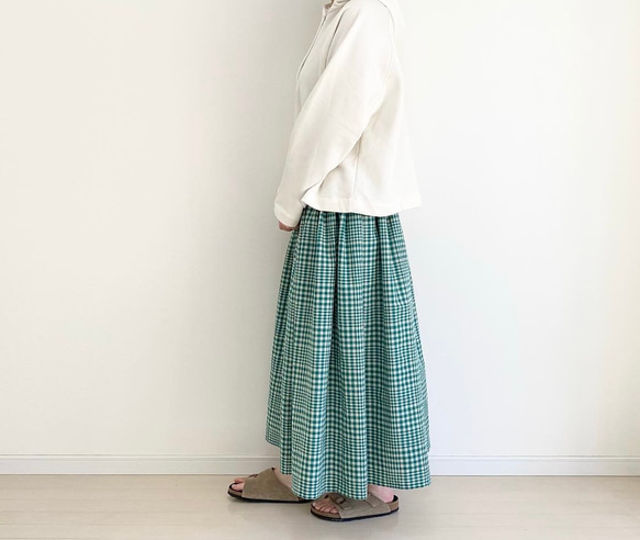 ギンガムチェックコットンリネンスカート グリーン ロング