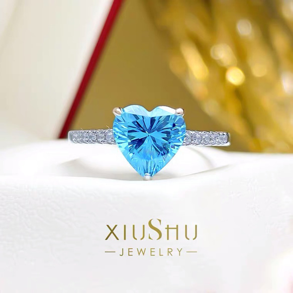 ハート 人工アクアマリン 可愛い 高炭素ダイヤモンド キラキラ ゴージャス リング 指輪 ブルー 青 かわいい 1枚目の画像