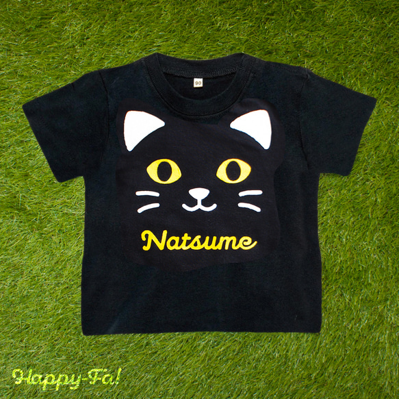 ねこフェイスTシャツ 80〜120サイズ【受注生産／名入れ】 1枚目の画像