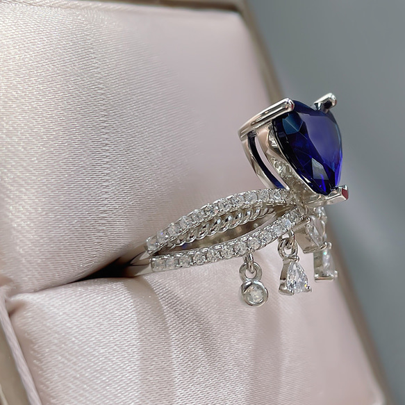 ハート 人工ロイヤルブルーサファイア 可愛い 高炭素ダイヤモンド キラキラ ゴージャス リング 指輪 青 かわいい 11枚目の画像