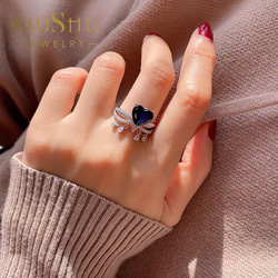 ハート 人工ロイヤルブルーサファイア 可愛い 高炭素ダイヤモンド キラキラ ゴージャス リング 指輪 青 かわいい 4枚目の画像