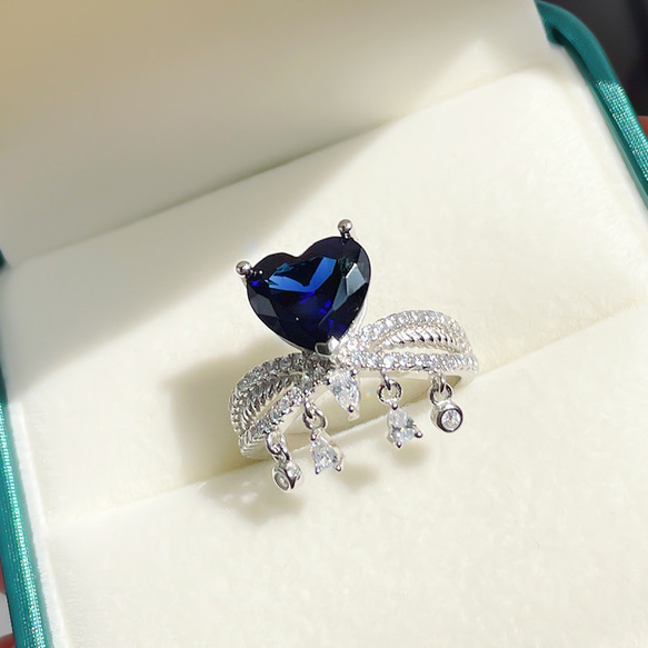 ハート 人工ロイヤルブルーサファイア 可愛い 高炭素ダイヤモンド キラキラ ゴージャス リング 指輪 青 かわいい 9枚目の画像