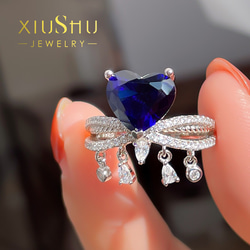 ハート 人工ロイヤルブルーサファイア 可愛い 高炭素ダイヤモンド キラキラ ゴージャス リング 指輪 青 かわいい 3枚目の画像