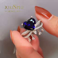 ハート 人工ロイヤルブルーサファイア 可愛い 高炭素ダイヤモンド キラキラ ゴージャス リング 指輪 青 かわいい 2枚目の画像