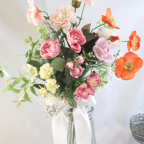 ポピーとローズのウェディングブーケ アーティフィシャルフラワー 花束