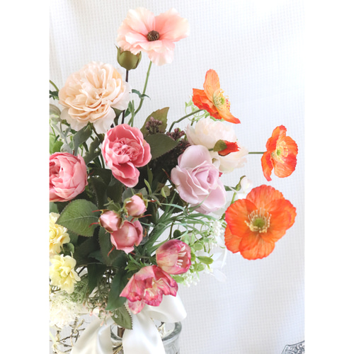 ポピーとローズのウェディングブーケ アーティフィシャルフラワー 花束