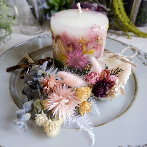 3点セット】＊ローズ＊ 3DボタニカルキャンドルW&サシェ＆スワッグ  