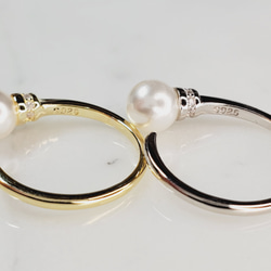 ❅silver925 簡約珍珠戒指 鋯石 自由尺寸 可調 2 色 金/銀 第8張的照片