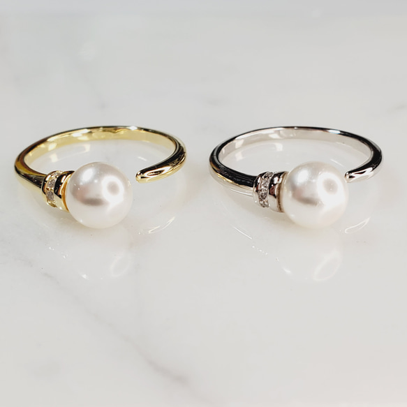 ❅silver925 簡約珍珠戒指 鋯石 自由尺寸 可調 2 色 金/銀 第5張的照片