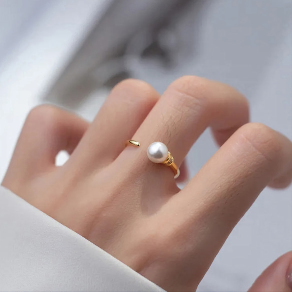 ❅silver925 簡約珍珠戒指 鋯石 自由尺寸 可調 2 色 金/銀 第2張的照片