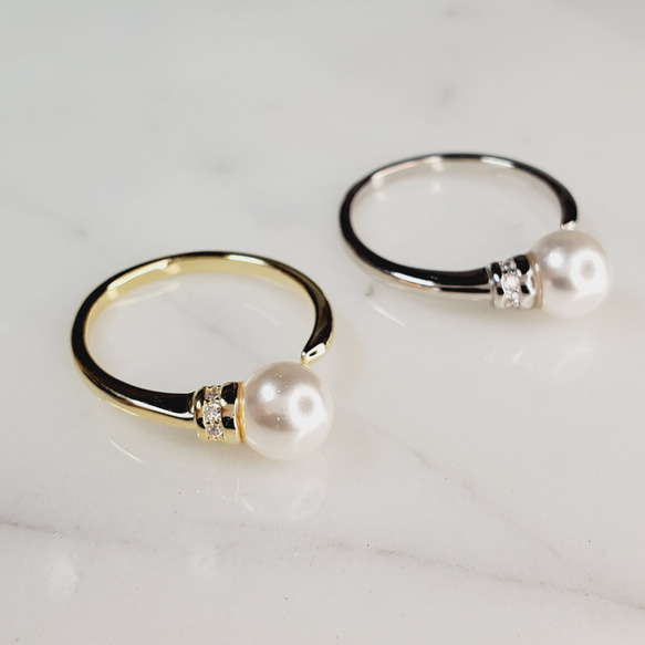 ❅silver925 簡約珍珠戒指 鋯石 自由尺寸 可調 2 色 金/銀 第7張的照片