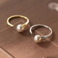 ❅silver925 簡約珍珠戒指 鋯石 自由尺寸 可調 2 色 金/銀 第1張的照片