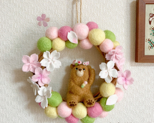 シーグラスアート お花のリースとくまさん♪ ♡ミモザリースのブランコで♡シーグラスアート くまさん