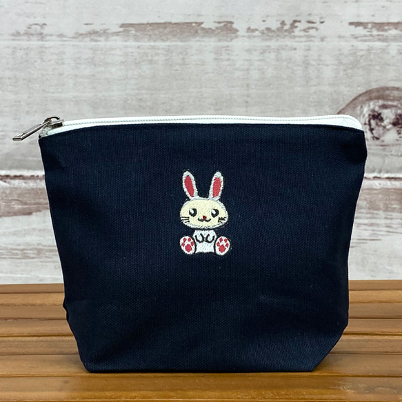 猫ウサギの刺繍 内ポケット付きキャンバスミニトートバッグとミニポーチのセット＜ネイビー＞ 3枚目の画像
