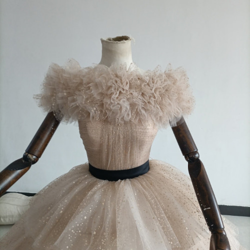 カラードレスシャンパン色 ソフトチュール ロングトレーン 取り外し  