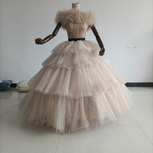 カラードレスシャンパン色 ソフトチュール ロングトレーン 取り外し  