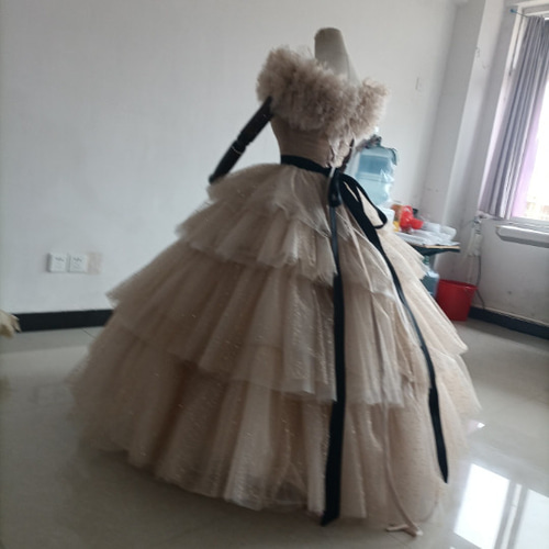 カラードレスシャンパン色 ソフトチュール ロングトレーン 取り外し  