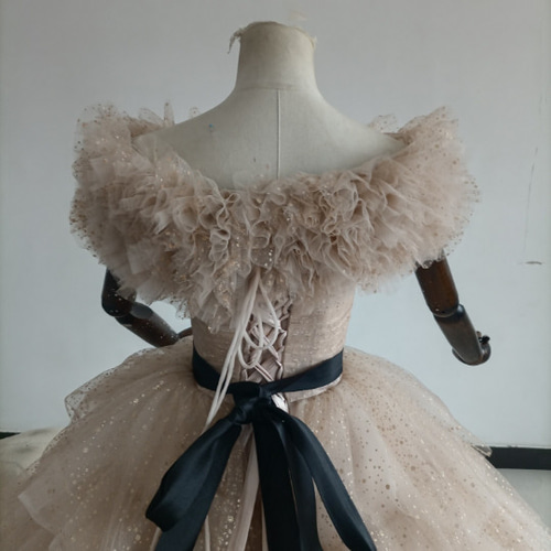 カラードレスシャンパン色 ソフトチュール ロングトレーン 取り外し  